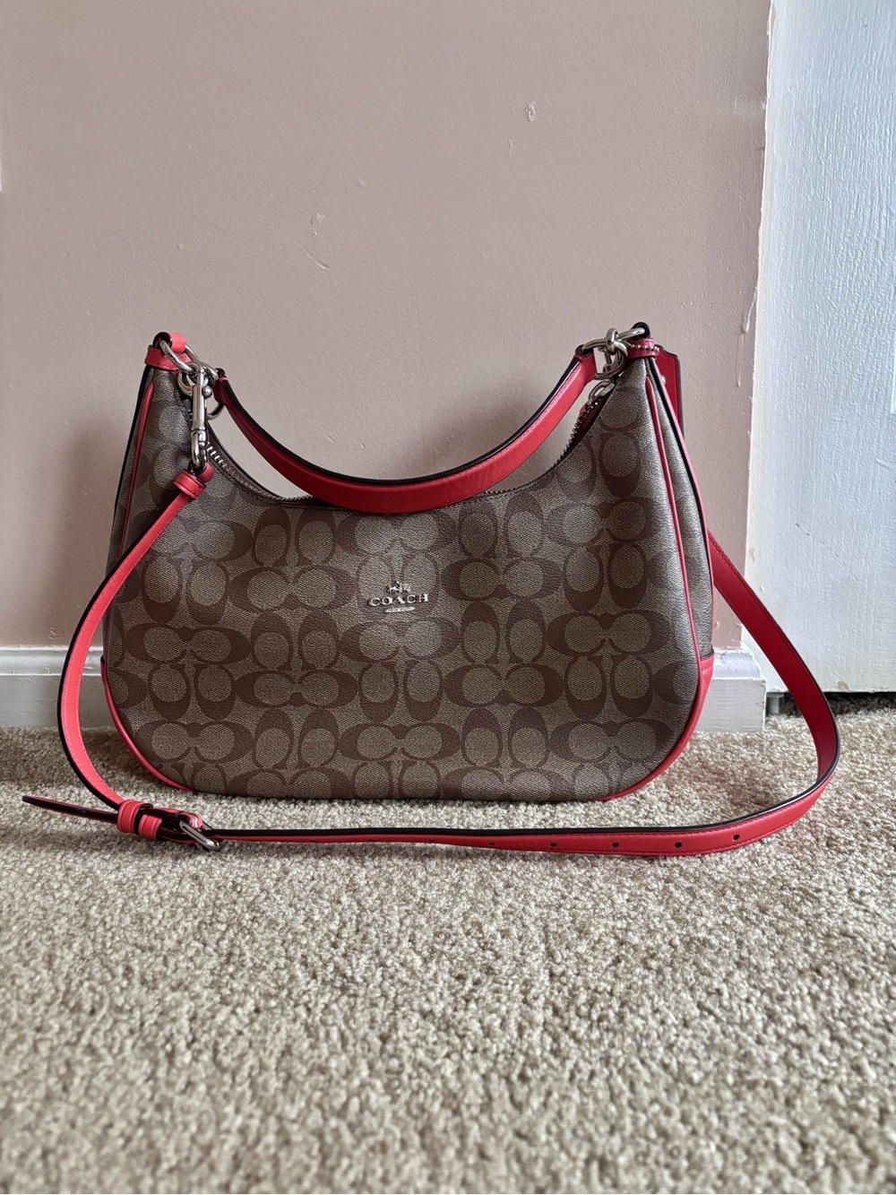 Coach Monogram Hobo with Coral-Red Trim